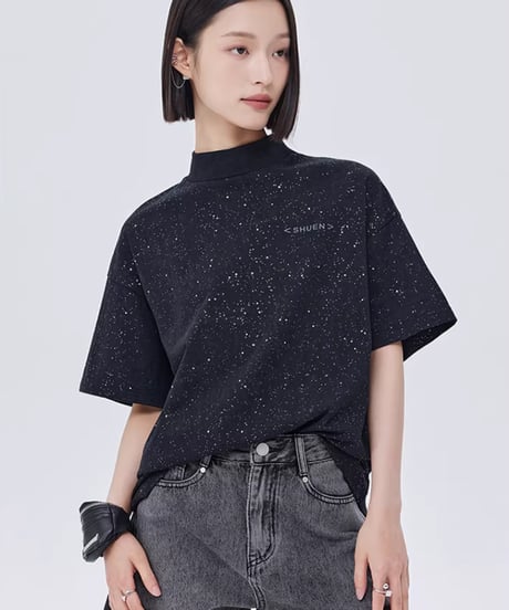 Sequin Mock Neck Short-Sleeve T-Shirt