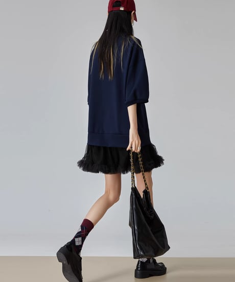 Polo Collar Tulle Docking Mini Dress