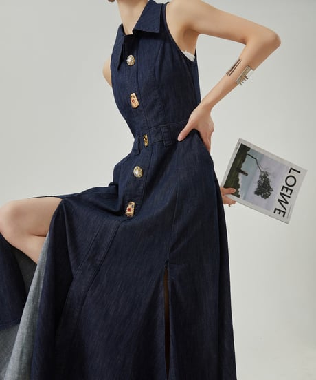 Gold Button Denim Sleeveless Dress