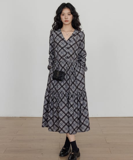 Check Tiered Long Onepiece  / 3colors