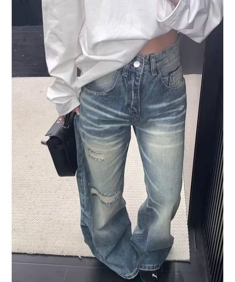 Vintage-Wash Distressed Wide-Leg Denim Pants / 2colors