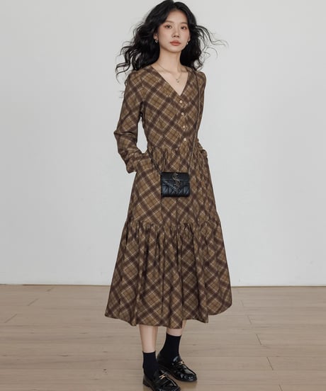 Check Tiered Long Onepiece  / 3colors