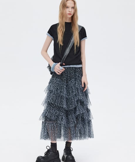 Flower Mesh Tiered Long Skirt