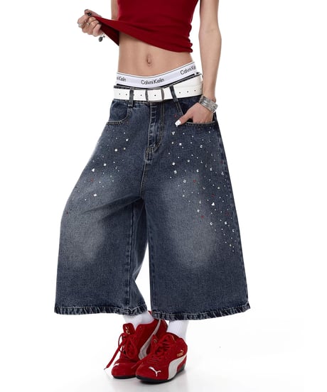 Rhinestone Washed Wide Denim Cropped Pants