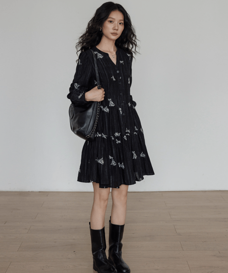 Flower Embroidery Sheer Tiered Dress
