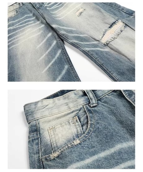 Vintage-Wash Distressed Wide-Leg Denim Pants / 2colors