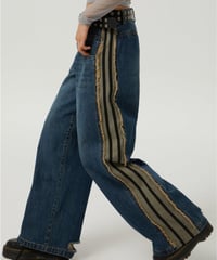 Side Stripe Fringe Wide Denim Pants