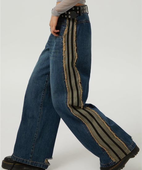 Side Stripe Fringe Wide Denim Pants