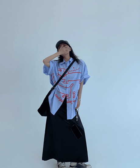 Dog Illustration Striped Oversized Shirt