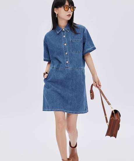 Polo Collar Denim Shirt Dress