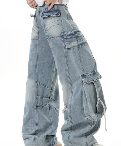 Damage Distressed Oversized Cargo Denim Pants / 2colors