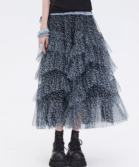 Flower Mesh Tiered Long Skirt