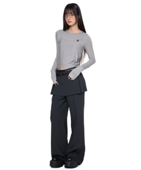 Layered Straight-Leg Skirt Pants / 2colors