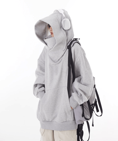 High-Neck Oversized Hooded Sweatshirt with Voluminous Hood / 2colors