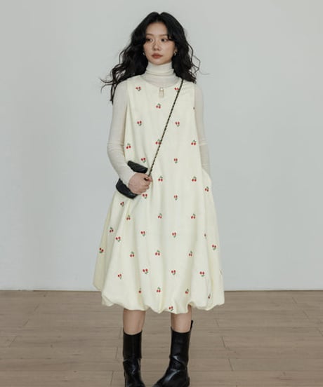 Cherry Embroidery Balloon Onepiece