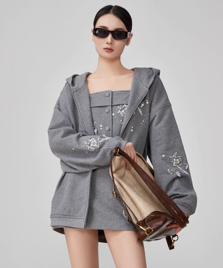 Flower Embroidery Hoodie, Mini Skirt, and Vest