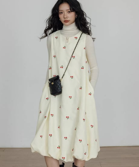 Cherry Embroidery Balloon Onepiece