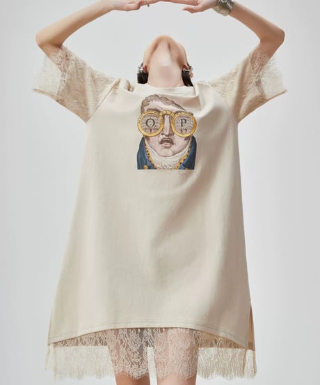 Artistic Graphic Lace Trim T-Shirt Dress