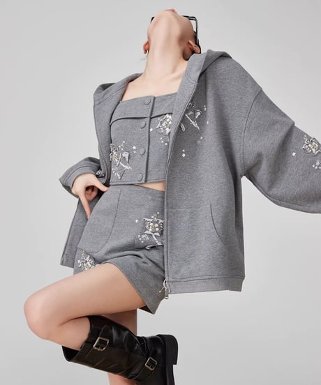 Flower Embroidery Hoodie, Mini Skirt, and Vest