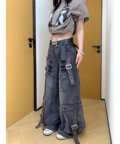 Damage Distressed Oversized Cargo Denim Pants / 2colors