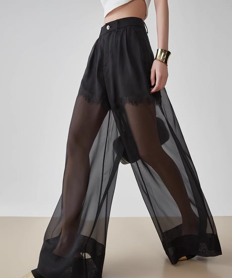 Layered Sheer High-Waist Wide-Leg Pants