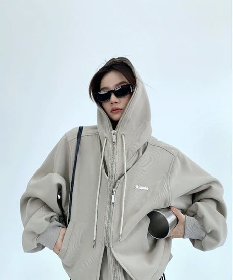 Layered-Style Oversized Double-Zip Hoodie  / 2colors