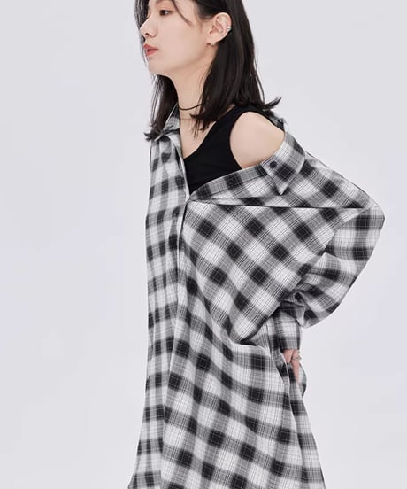 Off-Shoulder Plaid Shirt Dress