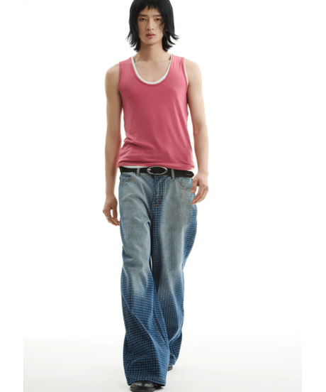 Grid Pattern Wide Straight Denim