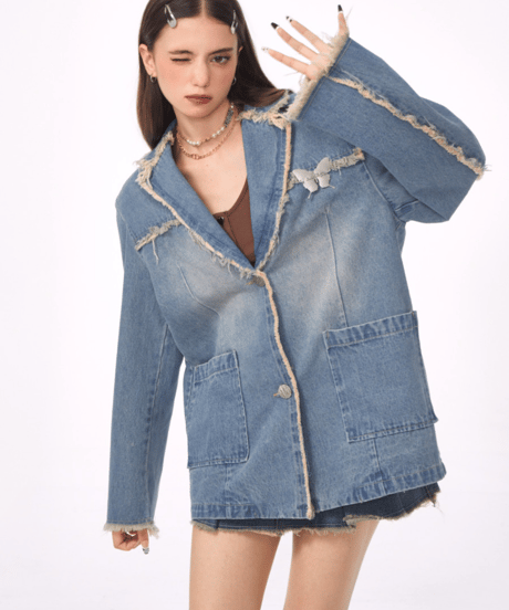 Vintage Wash Fringe Denim Jacket