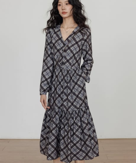 Check Tiered Long Onepiece  / 3colors