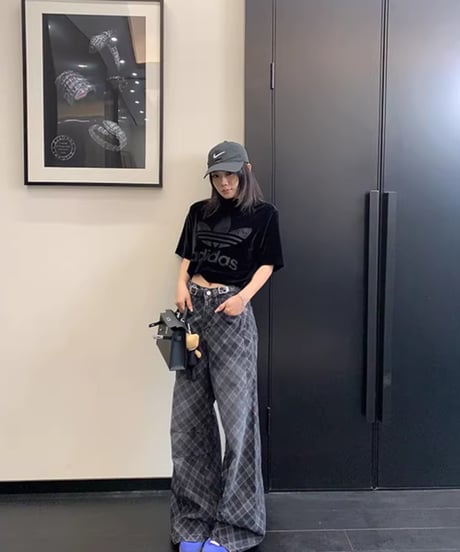 Plaid Pattern Wide Leg Denim Pants / 2colors