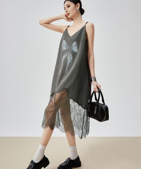 Ribbon Motif Lace Spliced Camisole Dress