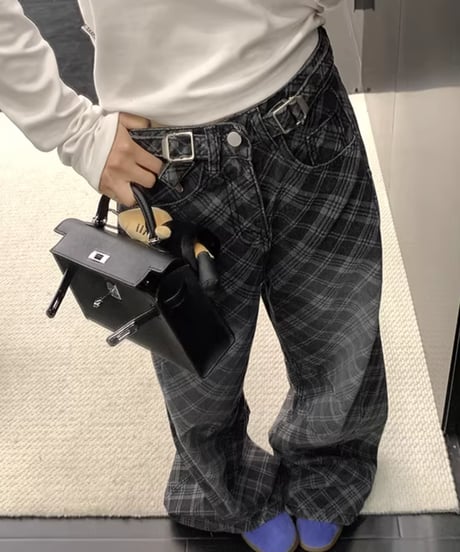 Plaid Pattern Wide Leg Denim Pants / 2colors
