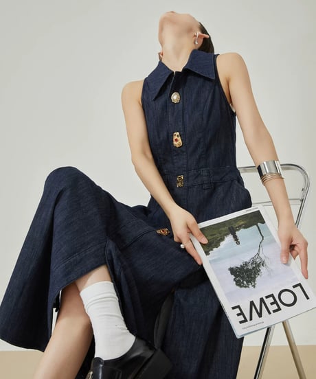 Gold Button Denim Sleeveless Dress