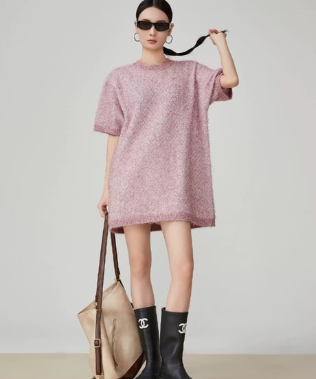 Puff Sleeve Shaggy Knit Mini Dress