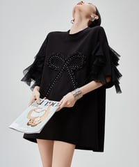 Ribbon Motif Tulle Sleeve Oversized Top