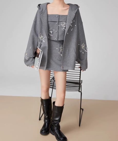 Flower Embroidery Hoodie, Mini Skirt, and Vest