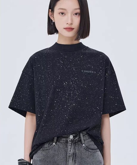 Sequin Mock Neck Short-Sleeve T-Shirt