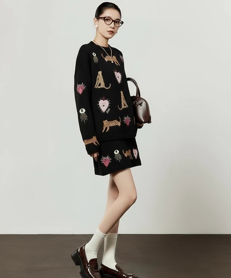 Animal & Heart Embroidered Knit Set / 3colors