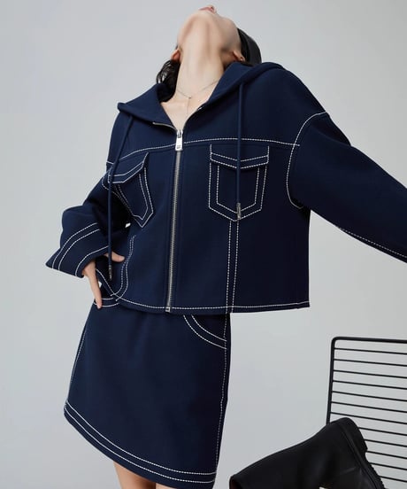 Stitch Design Denim-Style Hooded Jacket & Mini Skirt Set