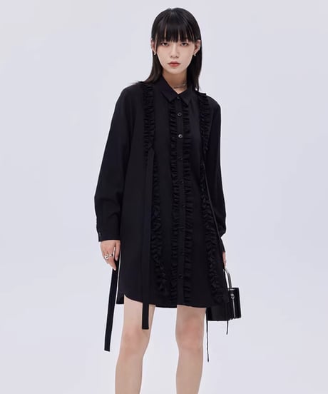 Small Frill Vertical Line Shirt Dress