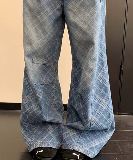 Plaid Pattern Wide Leg Denim Pants / 2colors