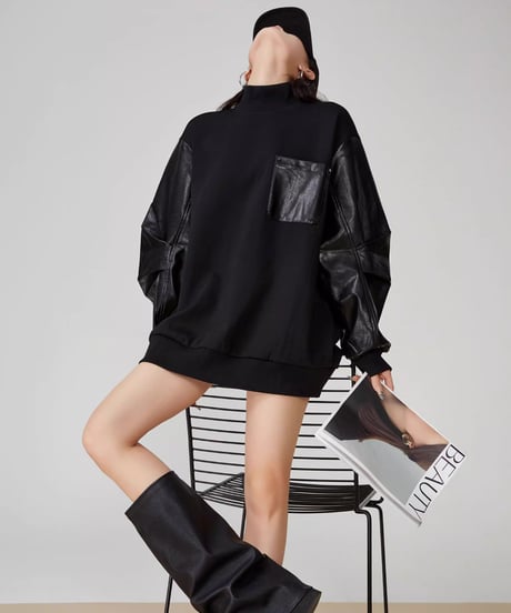 Faux Leather Contrast High-Neck Pullover Sweatshirt