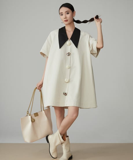 Retro Bicolor Flower Button Shirt Dress