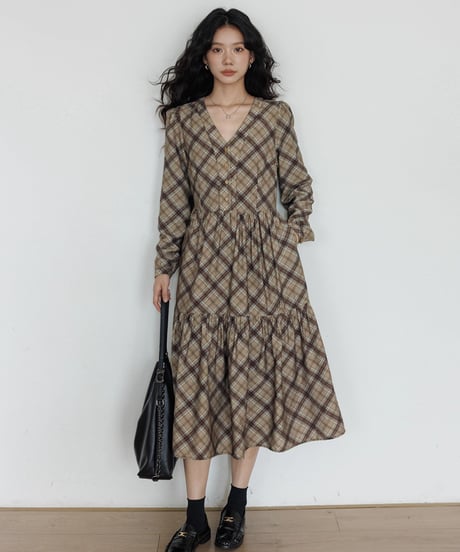 Check Tiered Long Onepiece  / 3colors