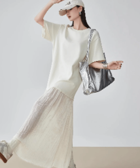 Mesh-Hem Pleated T-Shirt Dress