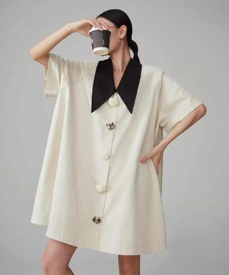 Retro Bicolor Flower Button Shirt Dress