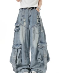 Damage Distressed Oversized Cargo Denim Pants / 2colors