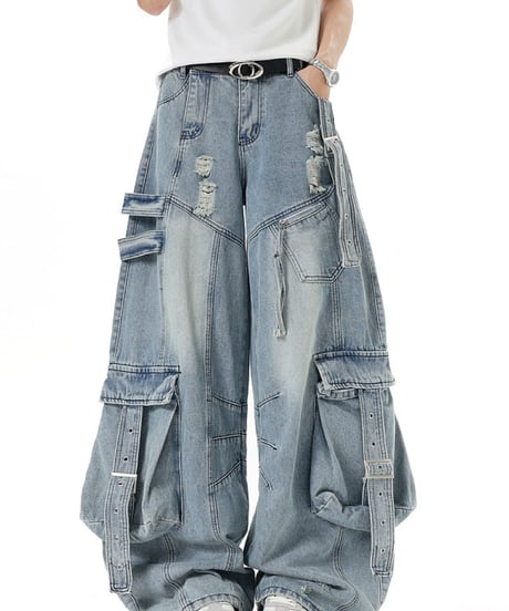 Damage Distressed Oversized Cargo Denim Pants / 2colors