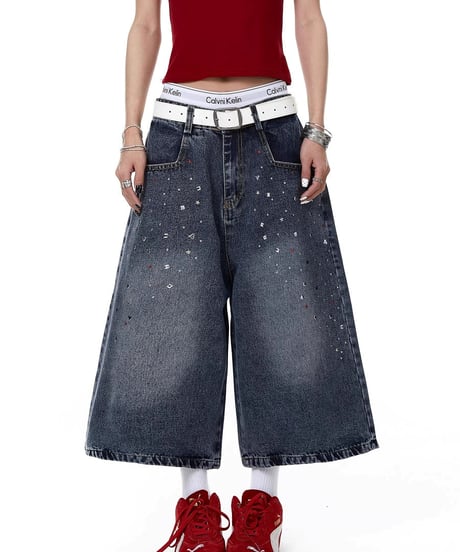 Rhinestone Washed Wide Denim Cropped Pants
